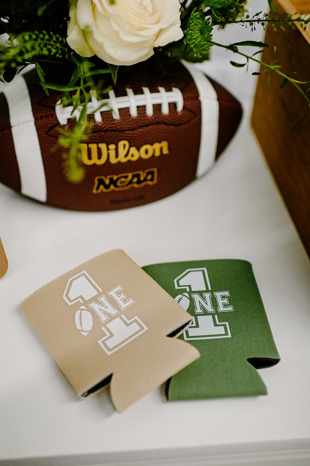 Personalized Football First Birthday Can Coolers - "First Year Down" Favors
