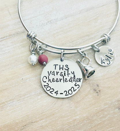 Cheerleader Bangle Varsity Cheerleader Handstamped Cheerleading Bracelet Gift for Cheerleader Megaphone Bangle Custom Bracelet Cheer Gift