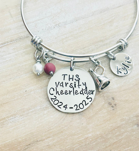 Cheerleader Bangle Varsity Cheerleader Handstamped Cheerleading Bracelet Gift for Cheerleader Megaphone Bangle Custom Bracelet Cheer Gift