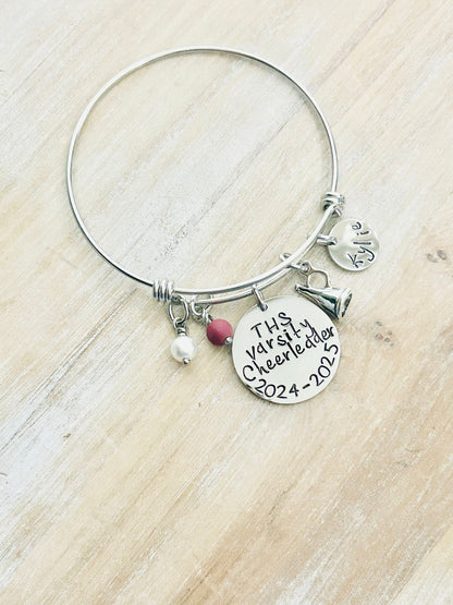 Cheerleader Bangle Varsity Cheerleader Handstamped Cheerleading Bracelet Gift for Cheerleader Megaphone Bangle Custom Bracelet Cheer Gift