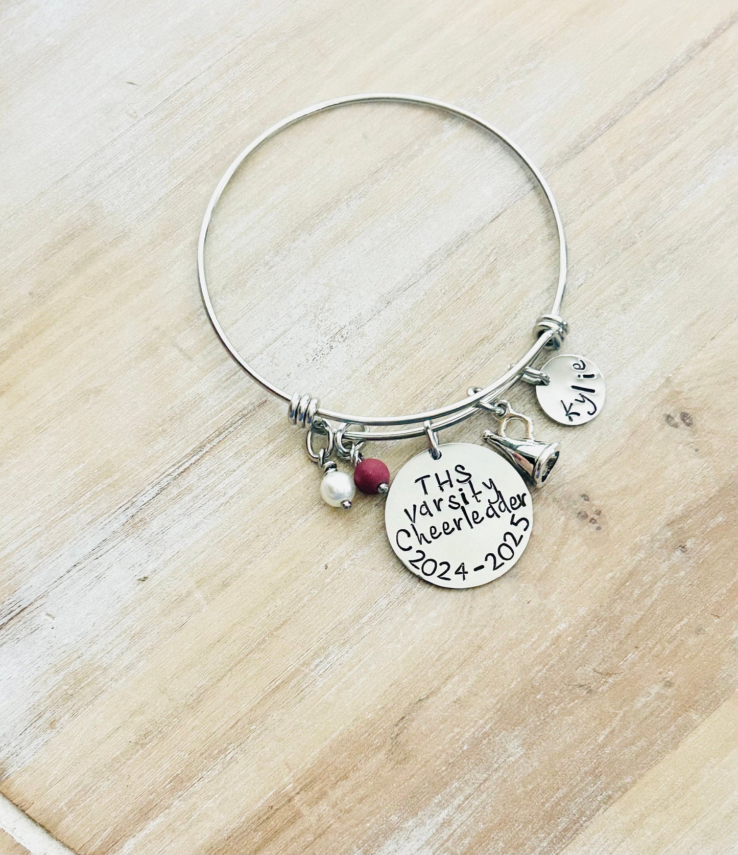 Cheerleader Bangle Varsity Cheerleader Handstamped Cheerleading Bracelet Gift for Cheerleader Megaphone Bangle Custom Bracelet Cheer Gift