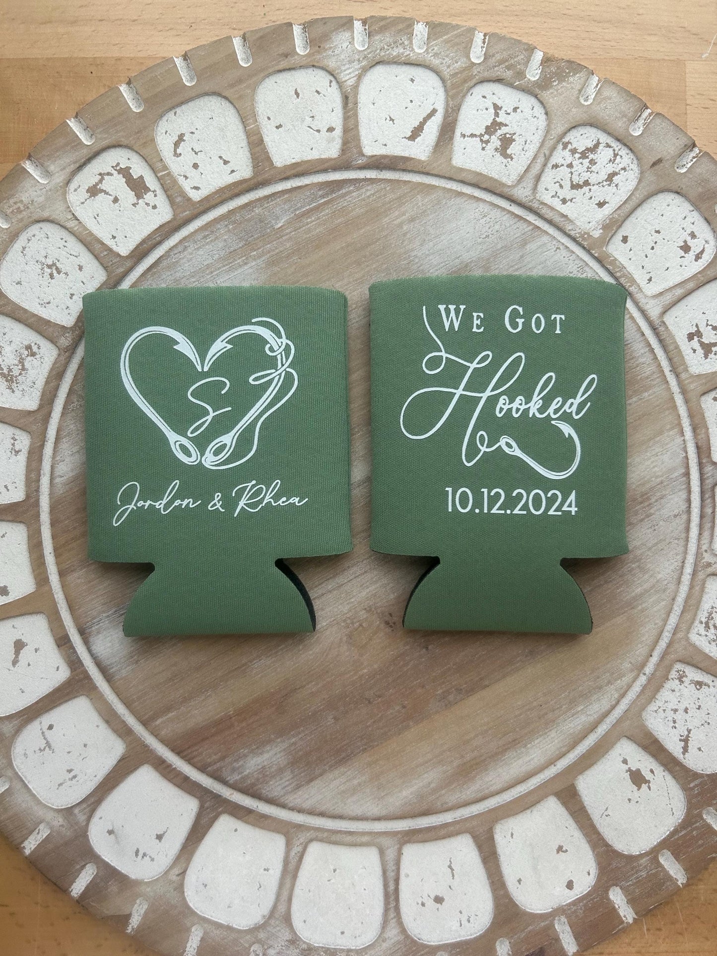 We Got Hooked Can Coolers: Fishing Wedding Favors, Beach Party Beer Holders