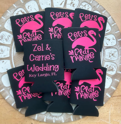 Let’s Flamingle Bachelorette koozies – Personalized Flamingo Can Coolers, Beach Bachelorette Party Favors, Custom Bride Tribe koozie
