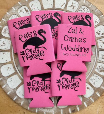 Let’s Flamingle Bachelorette koozies – Personalized Flamingo Can Coolers, Beach Bachelorette Party Favors, Custom Bride Tribe koozie