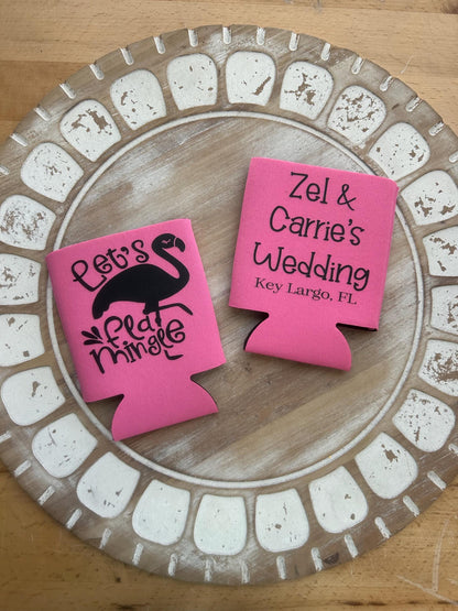 Let’s Flamingle Bachelorette koozies – Personalized Flamingo Can Coolers, Beach Bachelorette Party Favors, Custom Bride Tribe koozie