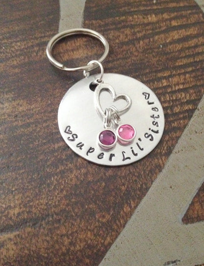 Super Lil Sister Keychain Handstamped Keychain Sisters By Chance Sister Gift Gift for Sister Personalized Keychain Heart Keychain Big Sister
