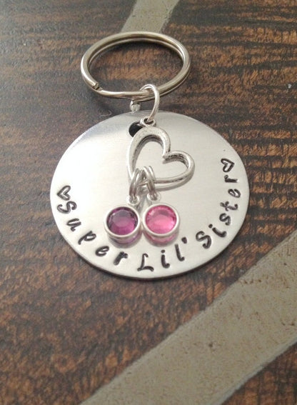 Super Lil Sister Keychain Handstamped Keychain Sisters By Chance Sister Gift Gift for Sister Personalized Keychain Heart Keychain Big Sister