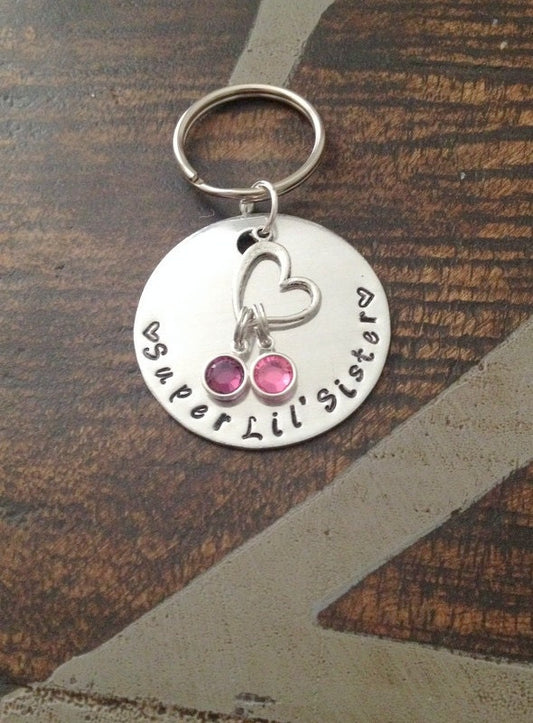 Super Lil Sister Keychain Handstamped Keychain Sisters By Chance Sister Gift Gift for Sister Personalized Keychain Heart Keychain Big Sister