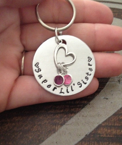 Super Lil Sister Keychain Handstamped Keychain Sisters By Chance Sister Gift Gift for Sister Personalized Keychain Heart Keychain Big Sister
