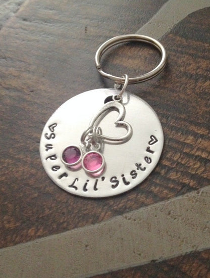 Super Lil Sister Keychain Handstamped Keychain Sisters By Chance Sister Gift Gift for Sister Personalized Keychain Heart Keychain Big Sister