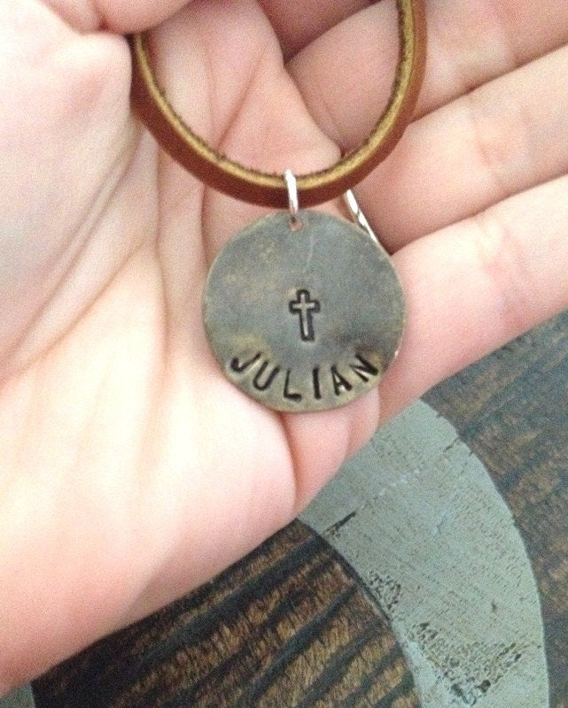 Boys Handstamped Necklace Boys Cross Necklace Boys Leather Necklace Personalized Necklace Gift for Son Birthday Gift Easter Gift Boys Name