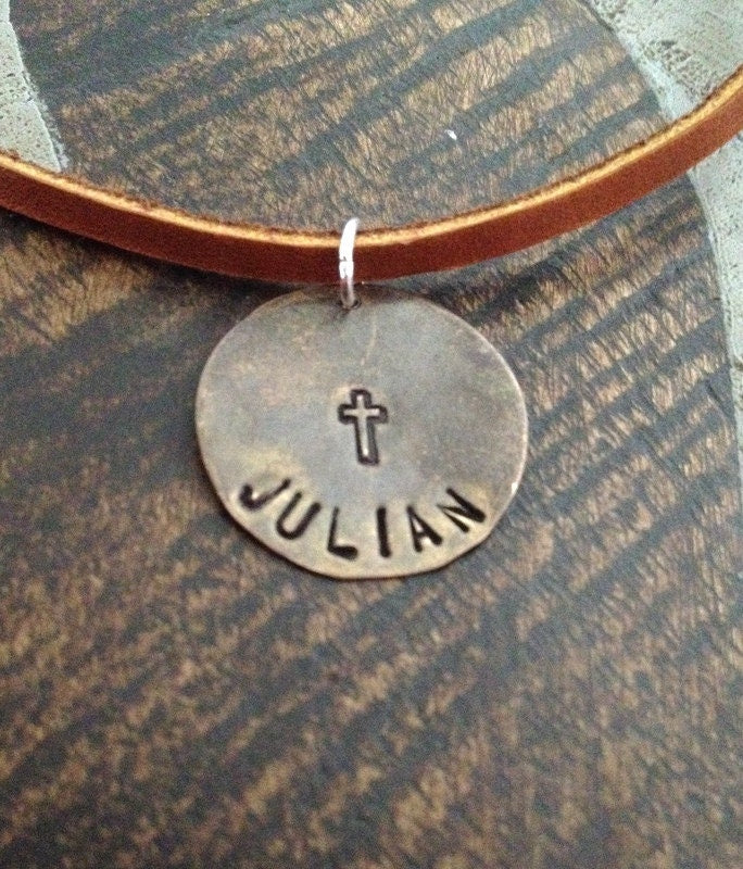 Boys Handstamped Necklace Boys Cross Necklace Boys Leather Necklace Personalized Necklace Gift for Son Birthday Gift Easter Gift Boys Name