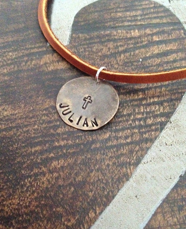 Boys Handstamped Necklace Boys Cross Necklace Boys Leather Necklace Personalized Necklace Gift for Son Birthday Gift Easter Gift Boys Name