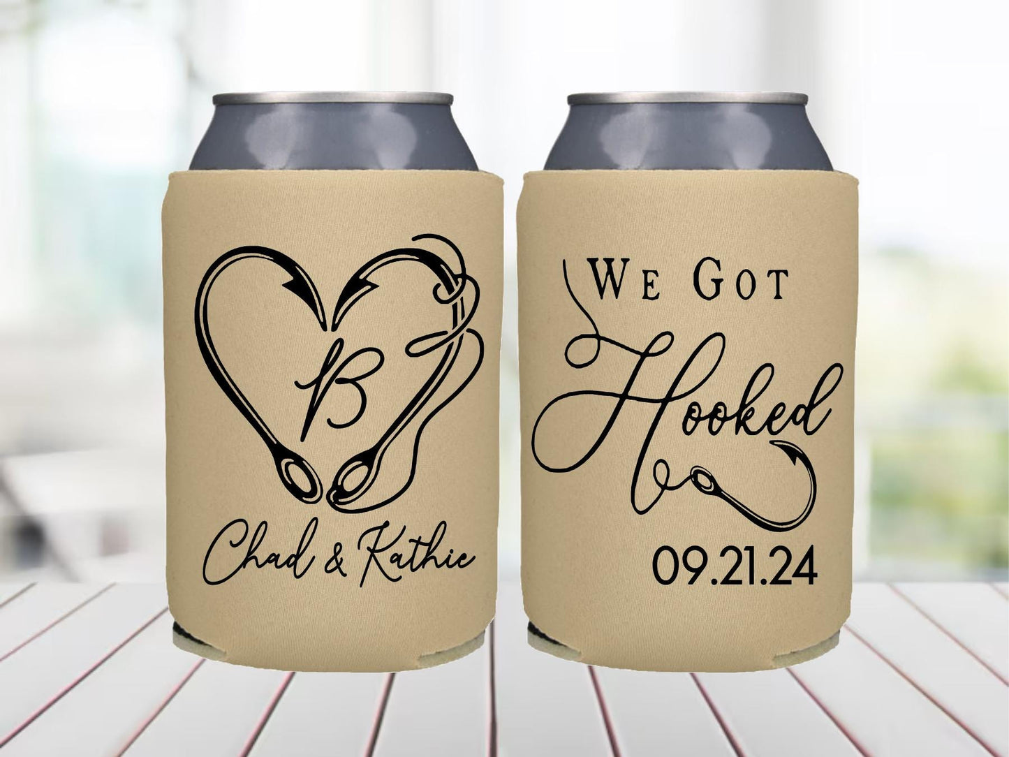 We Got Hooked Can Coolers: Fishing Wedding Favors, Beach Party Beer Holders