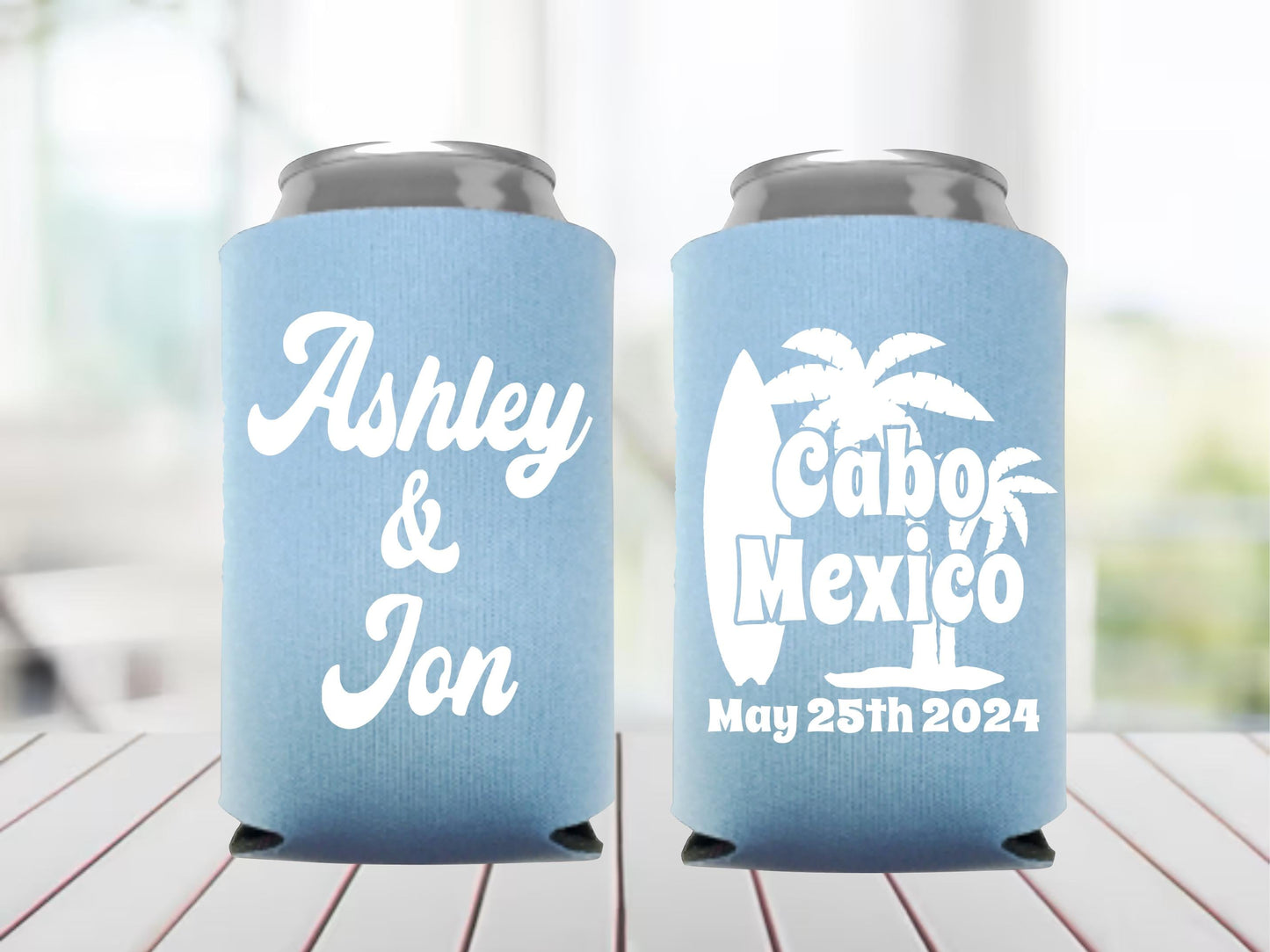 Personalized Cabo Mexico Wedding Can Coolers: Palm Tree Beach Favors
