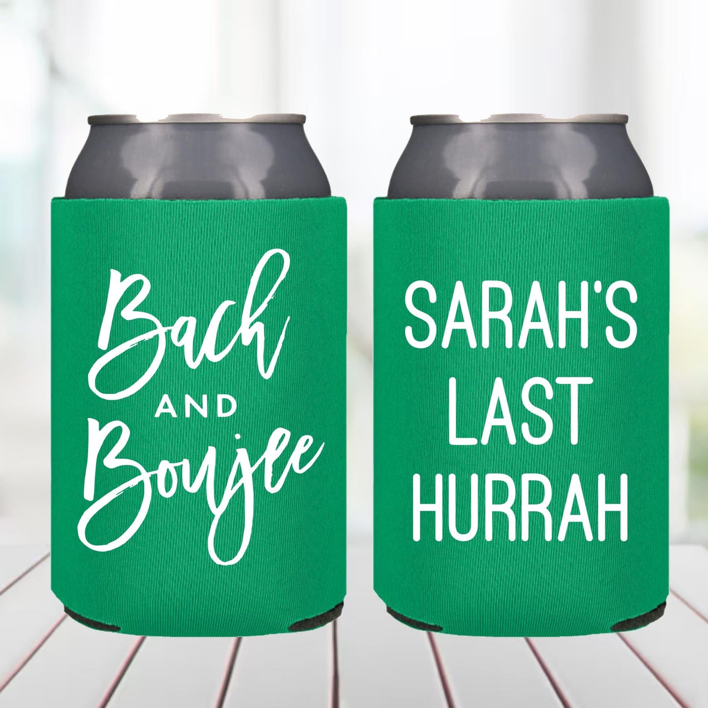 Two green can coolers with white text Bach and Boujee