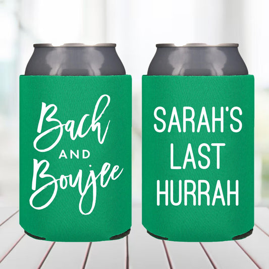 Two green can coolers with white text Bach and Boujee