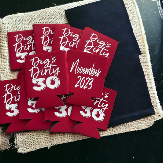 Dirty Thirty Can Coolers: Custom 30th Birthday Party Favors