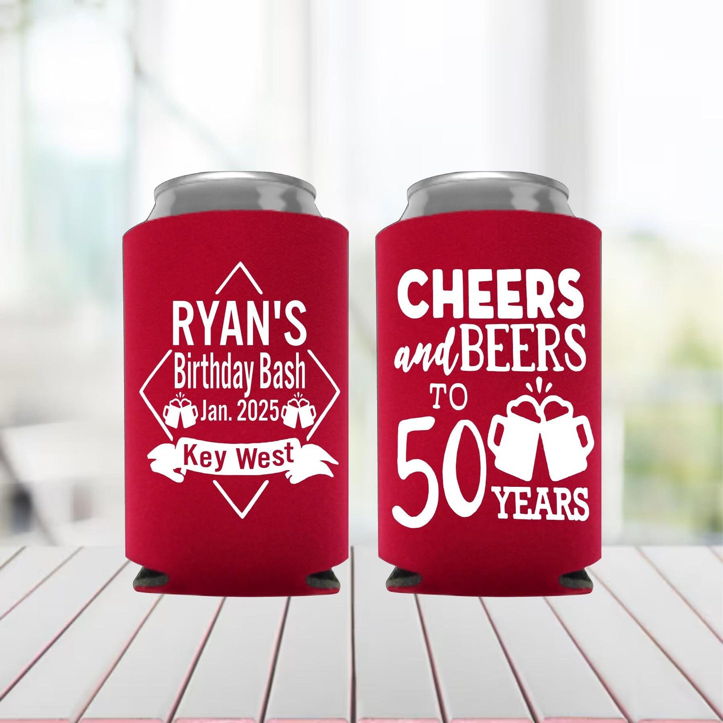 50th Birthday Can Coolers: Cheers and Beers Party Favors, Cheers to 50 years, 50th Birthday Favors, Custom Can Holders, 50th Party Man