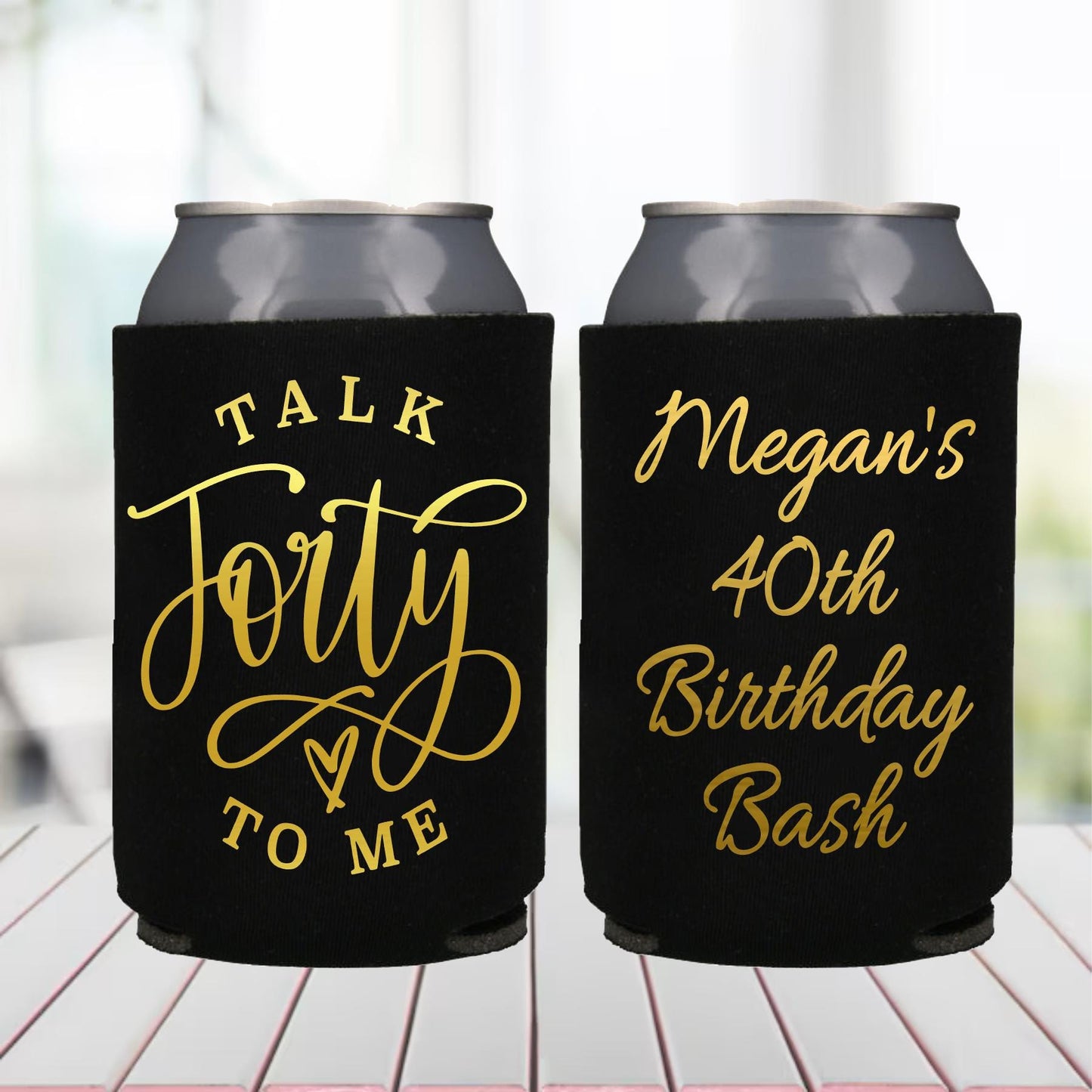 Personalized 40th Birthday Can Coolers: "Talk 40 to Me" Party Favors