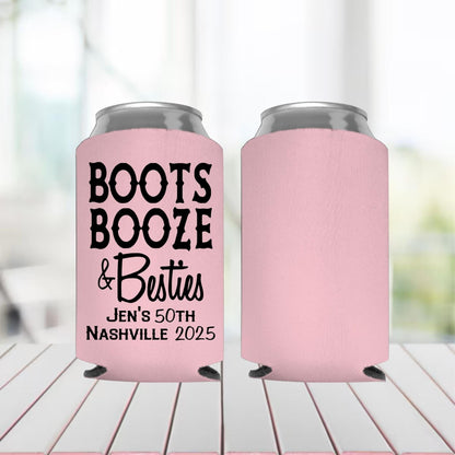 Pink can coolers with 'Boots Booze & Besties' text on a blurred background