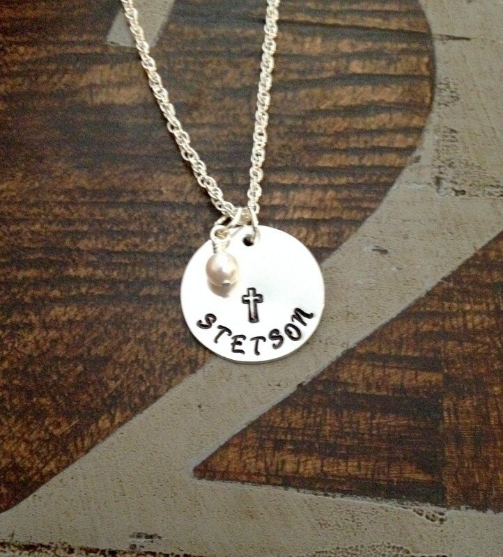 Cross Necklace Christian Gift Catholic Necklace Confirmation Gift Baptism Necklace First Communion Gift Handstamped Jewelry Stocking Gift