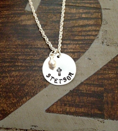 Cross Necklace Christian Gift Catholic Necklace Confirmation Gift Baptism Necklace First Communion Gift Handstamped Jewelry Stocking Gift