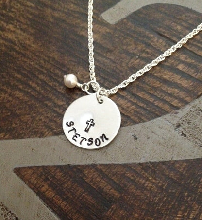 Cross Necklace Christian Gift Catholic Necklace Confirmation Gift Baptism Necklace First Communion Gift Handstamped Jewelry Stocking Gift
