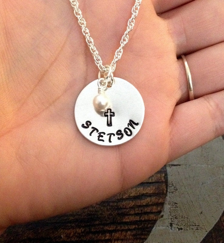 Cross Necklace Christian Gift Catholic Necklace Confirmation Gift Baptism Necklace First Communion Gift Handstamped Jewelry Stocking Gift