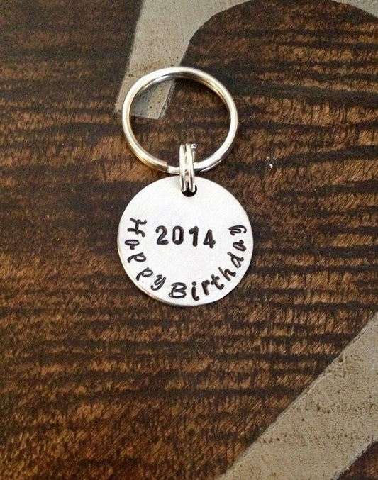 Happy Birthday Keychain Handstamped Keychain Personalized Keychain Birthday Gift  Aluminum Key Chain Custom Keychain Gift for Dad