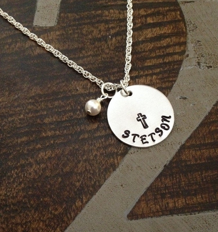 Cross Necklace Christian Gift Catholic Necklace Confirmation Gift Baptism Necklace First Communion Gift Handstamped Jewelry Stocking Gift