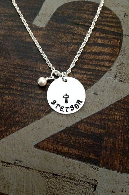 Cross Necklace Christian Gift Catholic Necklace Confirmation Gift Baptism Necklace First Communion Gift Handstamped Jewelry Stocking Gift