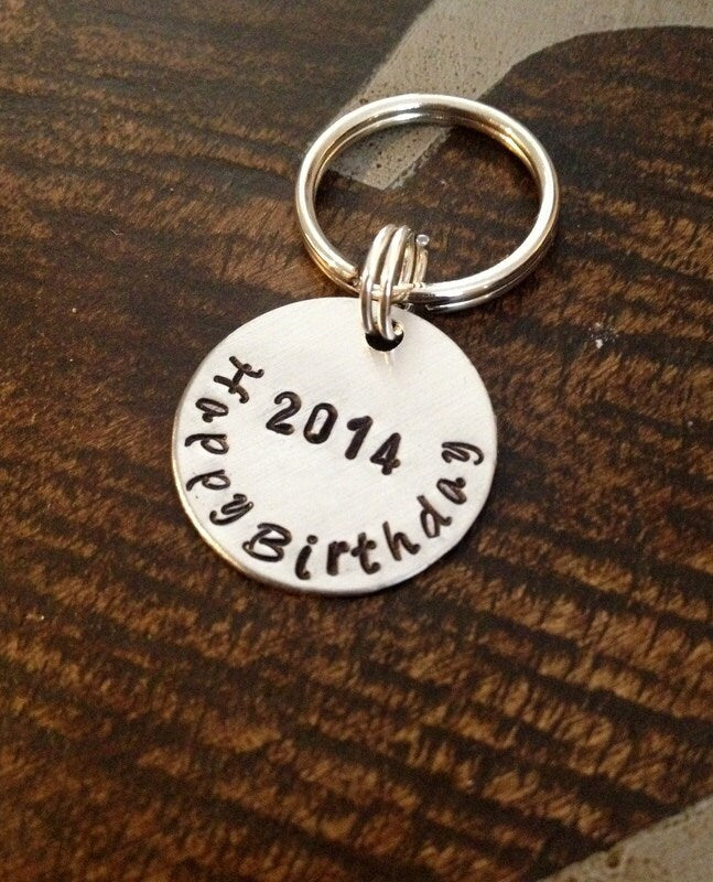 Happy Birthday Keychain Handstamped Keychain Personalized Keychain Birthday Gift  Aluminum Key Chain Custom Keychain Gift for Dad