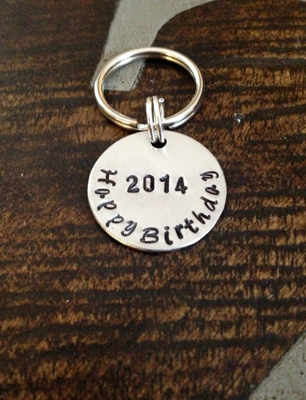 Happy Birthday Keychain Handstamped Keychain Personalized Keychain Birthday Gift  Aluminum Key Chain Custom Keychain Gift for Dad