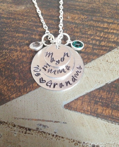 We love Grandma Grandma Necklace Grandchild Necklace Personalized Necklace Personalized Jewelry Handstamped Necklace Birthstone Necklace