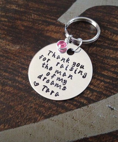 Father of the Bride Keychain Mother of the Groom Keychain Thank you for Raising the Man of my Dreams Handstamped Keychain Gift for Dad
