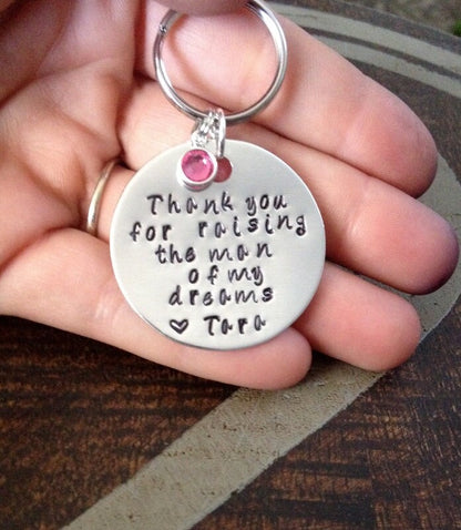 Father of the Bride Keychain Mother of the Groom Keychain Thank you for Raising the Man of my Dreams Handstamped Keychain Gift for Dad