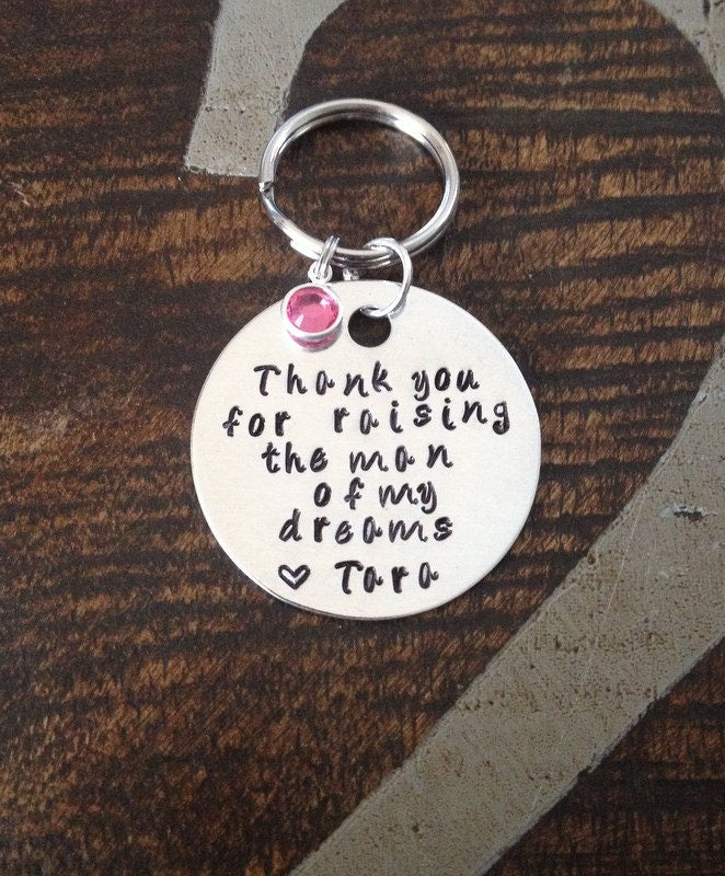 Father of the Bride Keychain Mother of the Groom Keychain Thank you for Raising the Man of my Dreams Handstamped Keychain Gift for Dad