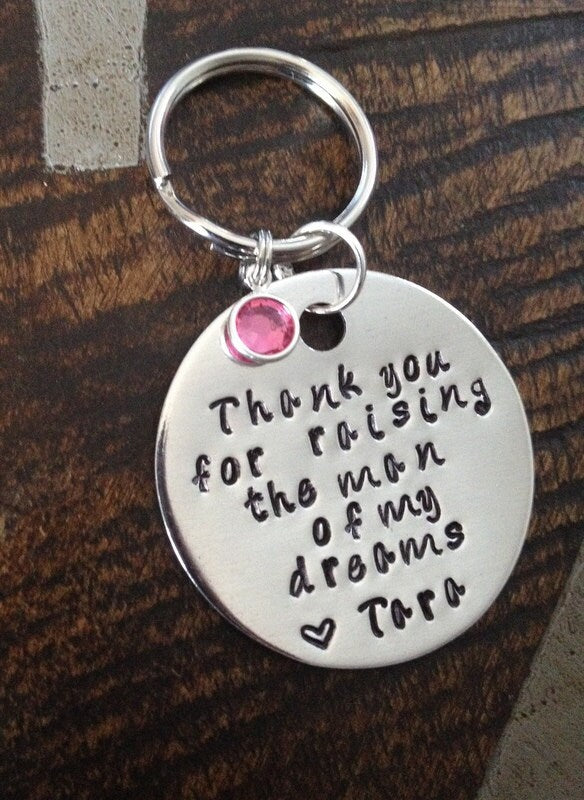 Father of the Bride Keychain Mother of the Groom Keychain Thank you for Raising the Man of my Dreams Handstamped Keychain Gift for Dad