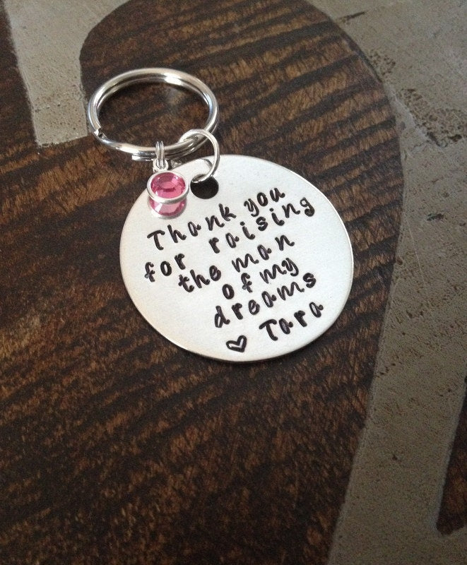 Father of the Bride Keychain Mother of the Groom Keychain Thank you for Raising the Man of my Dreams Handstamped Keychain Gift for Dad