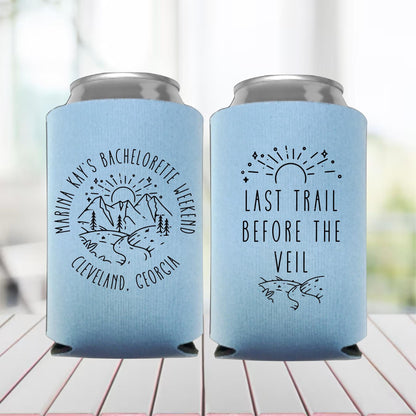 Last Trail Before the Veil Bachelorette Can Cooler | Personalized Mountain Weekend Drink Sleeve