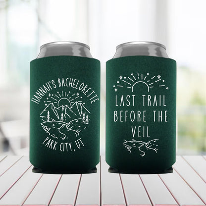 Last Trail Before the Veil Bachelorette Can Cooler | Personalized Mountain Weekend Drink Sleeve