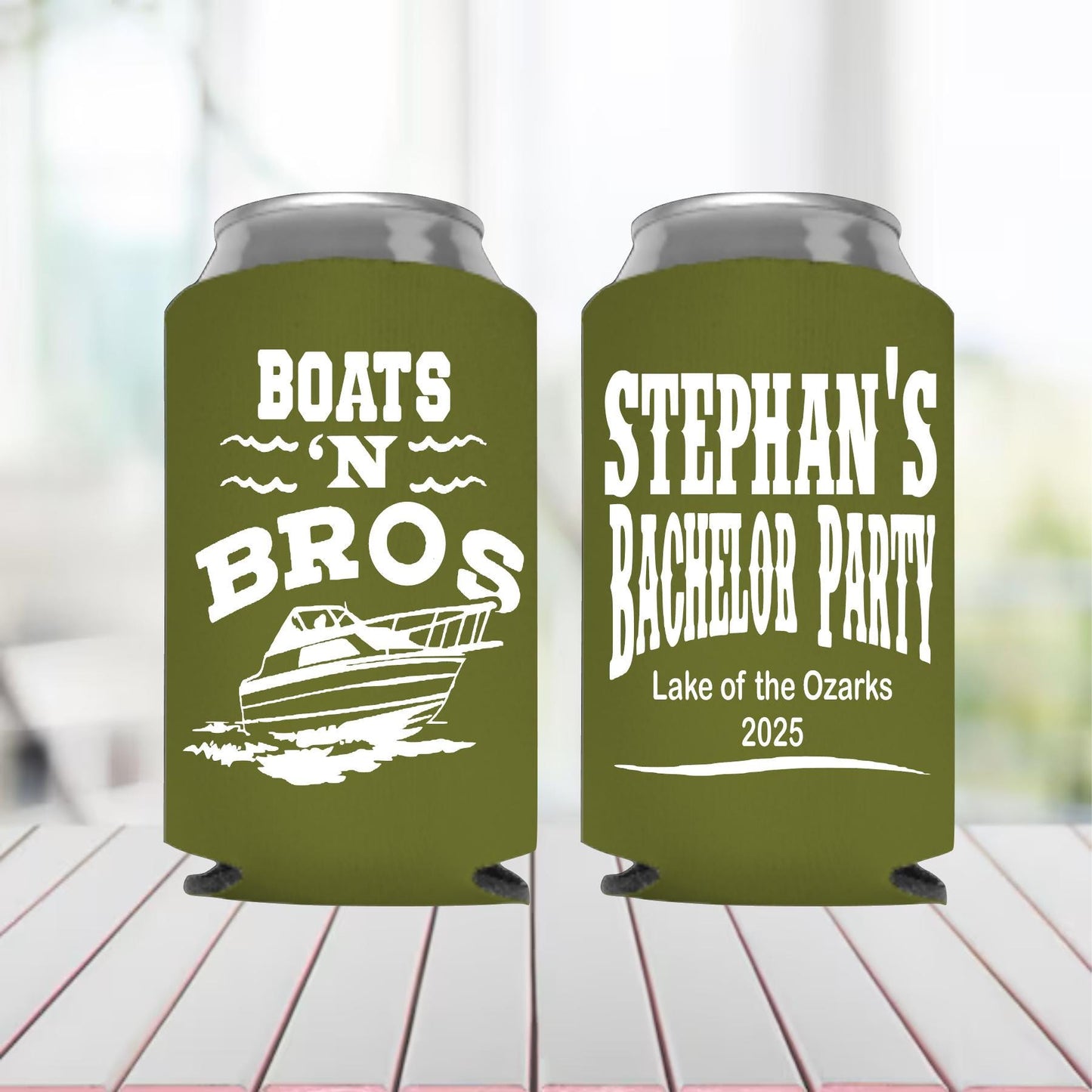 Personalized Boats N Bros Can Cooler: Nautical Bachelor Party Favor