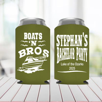 Bachelor Party koozies – Boats ’N Bros Lake Travis Can Coolers, Personalized Groom Weekend Favors, Custom Boat Party koozie
