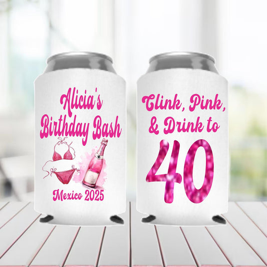 40th Birthday Can Coolers: Pink Glitter Champagne Theme Party Favors