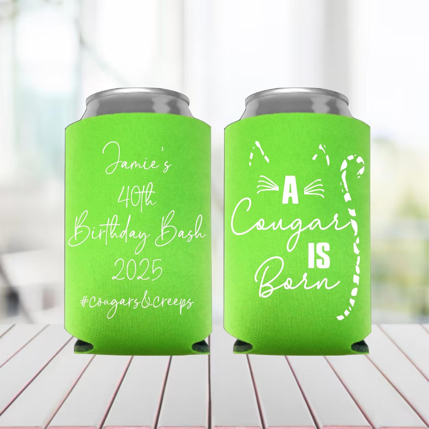 Personalized 'A Cougar is Born' Can Coolers: 40th Birthday Party Favors