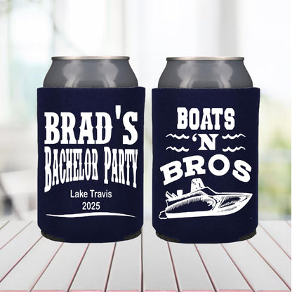 Bachelor Party koozies – Boats ’N Bros Lake Travis Can Coolers, Personalized Groom Weekend Favors, Custom Boat Party koozie