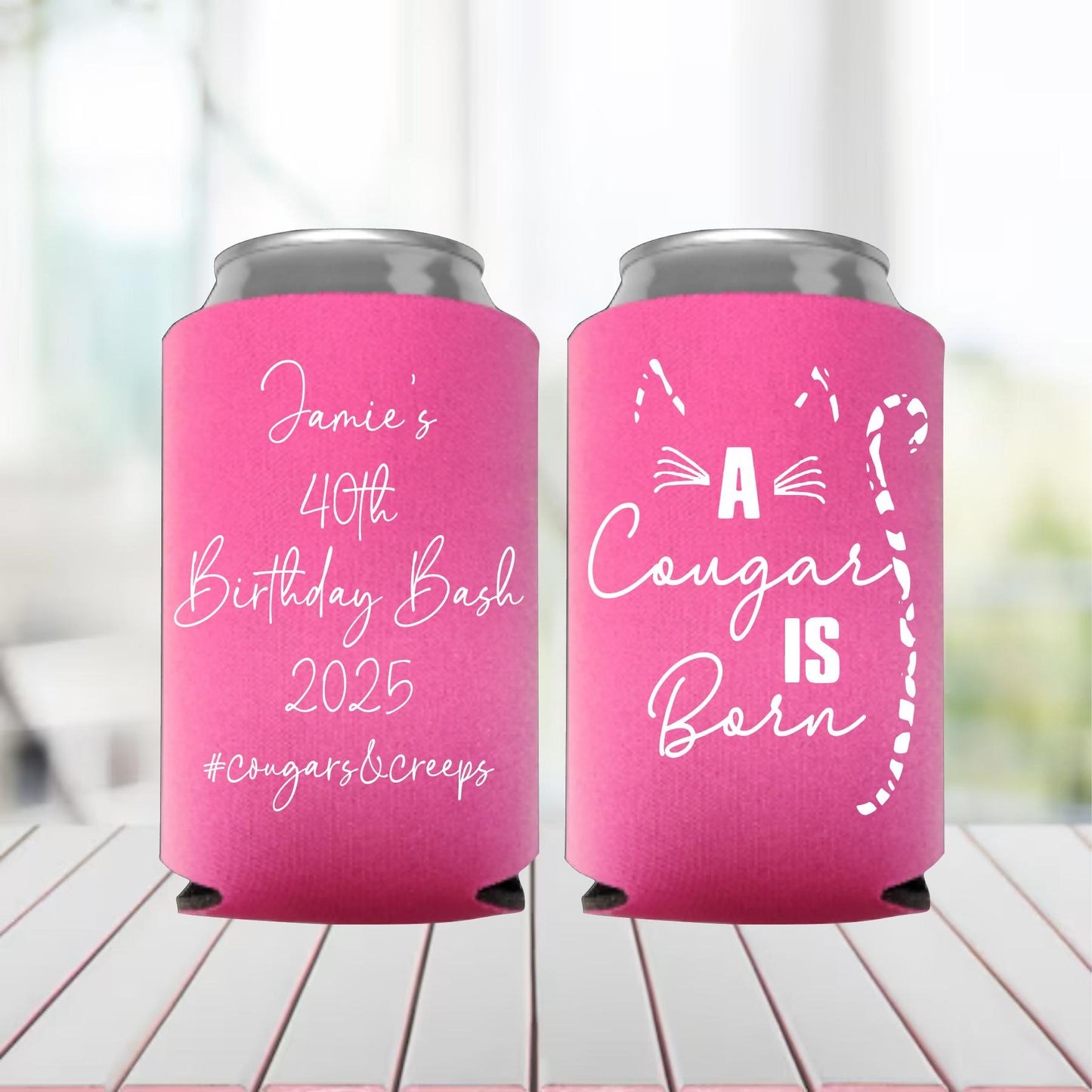 Personalized 'A Cougar is Born' Can Coolers: 40th Birthday Party Favors