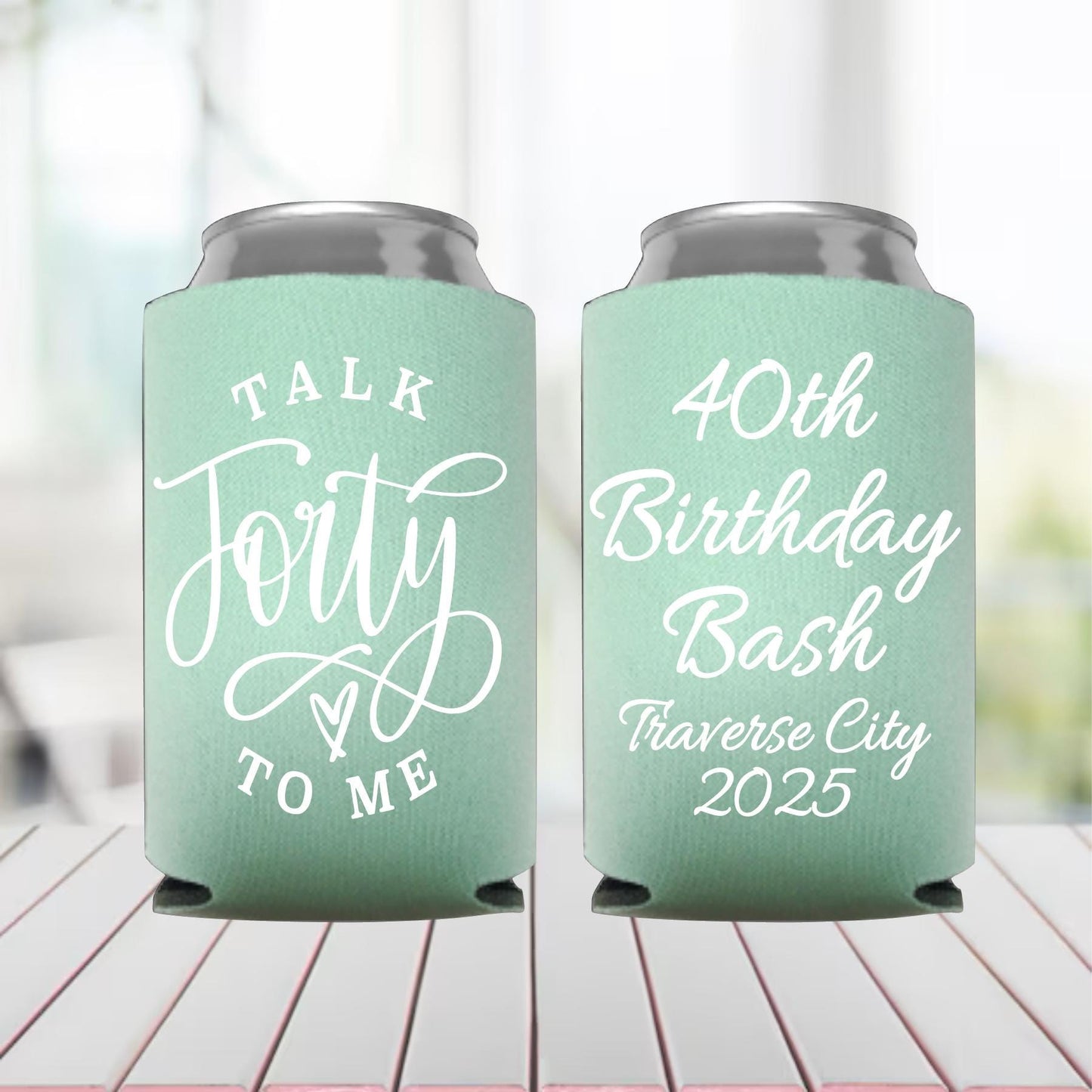 Personalized 40th Birthday Can Coolers: "Talk 40 to Me" Party Favors