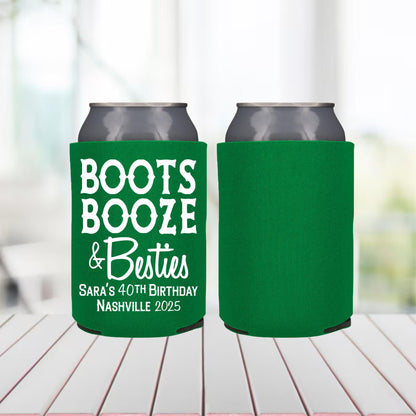 Two green can coolers with text on a wooden surface